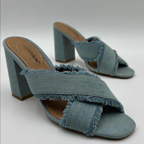 Comfortview Denim Strap Sandals Women's 8.5 Blue Block Heel Light Acid‎ Wash - Picture 1 of 14